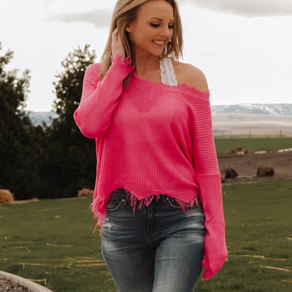 Frayed V-Neck Sweater - Fuchsia